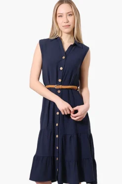 Urbanology Button Down Rope Belt Day Dress - Navy