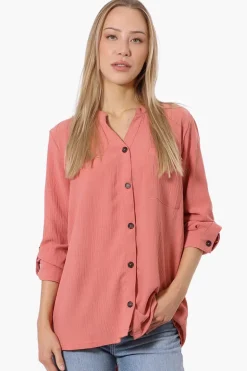 Urbanology Button Down Roll Up Sleeve Shirt - Coral