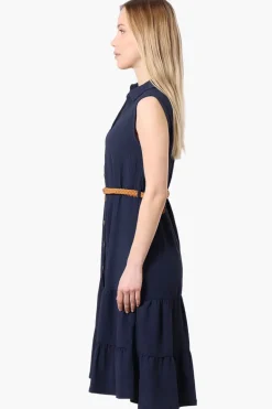 Urbanology Button Down Rope Belt Day Dress - Navy