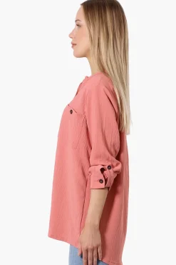 Urbanology Button Down Roll Up Sleeve Shirt - Coral