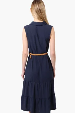 Urbanology Button Down Rope Belt Day Dress - Navy
