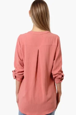 Urbanology Button Down Roll Up Sleeve Shirt - Coral