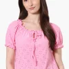 Urbanology Eyelet Drawstring Neck Blouse - Pink