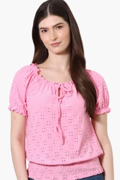 Urbanology Eyelet Drawstring Neck Blouse - Pink