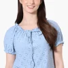 Urbanology Eyelet Drawstring Neck Blouse - Blue