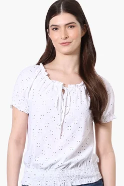 Urbanology Eyelet Drawstring Neck Blouse - White