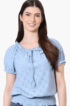 Urbanology Eyelet Drawstring Neck Blouse - Blue
