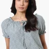 Urbanology Eyelet Drawstring Neck Blouse - Mint