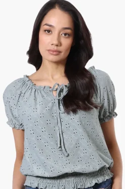 Urbanology Eyelet Drawstring Neck Blouse - Mint