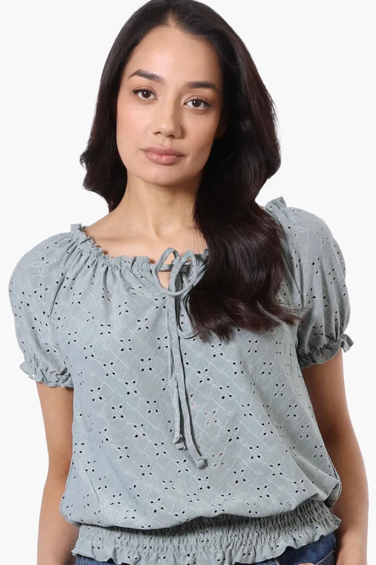 Urbanology Eyelet Drawstring Neck Blouse - Mint