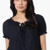 Urbanology Eyelet Drawstring Neck Blouse - Navy
