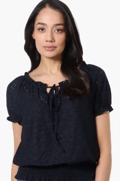 Urbanology Eyelet Drawstring Neck Blouse - Navy