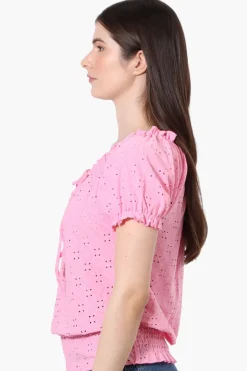 Urbanology Eyelet Drawstring Neck Blouse - Pink