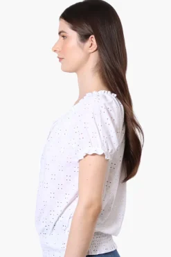 Urbanology Eyelet Drawstring Neck Blouse - White