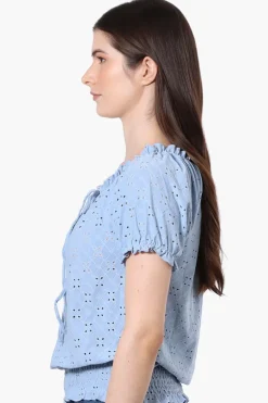 Urbanology Eyelet Drawstring Neck Blouse - Blue