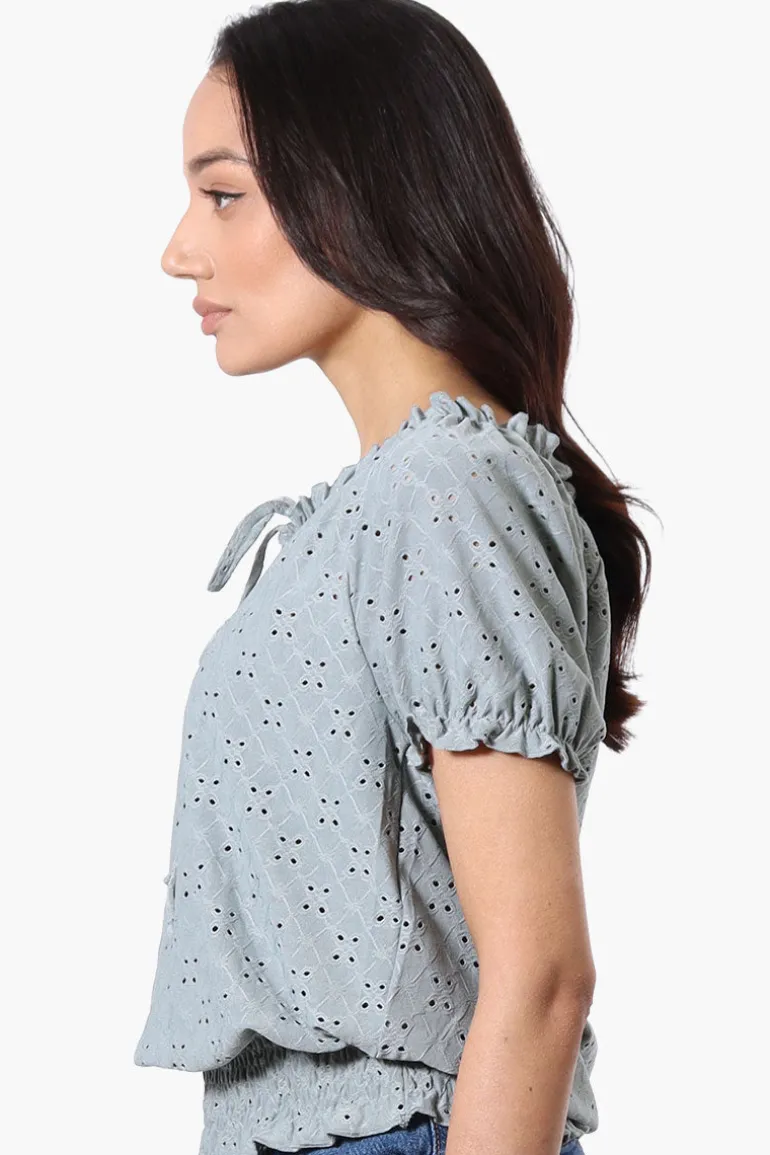 Urbanology Eyelet Drawstring Neck Blouse - Mint
