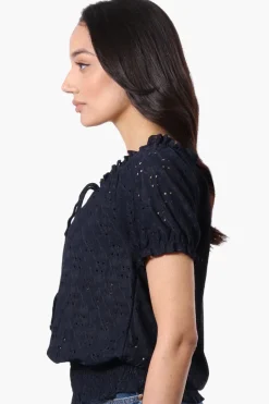 Urbanology Eyelet Drawstring Neck Blouse - Navy