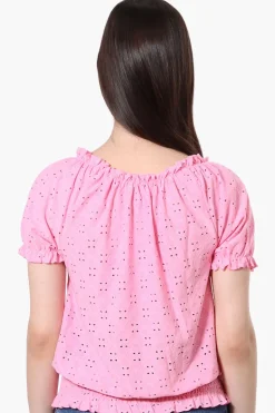 Urbanology Eyelet Drawstring Neck Blouse - Pink