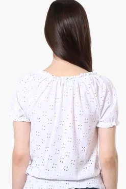 Urbanology Eyelet Drawstring Neck Blouse - White
