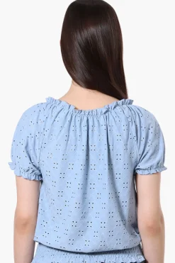 Urbanology Eyelet Drawstring Neck Blouse - Blue