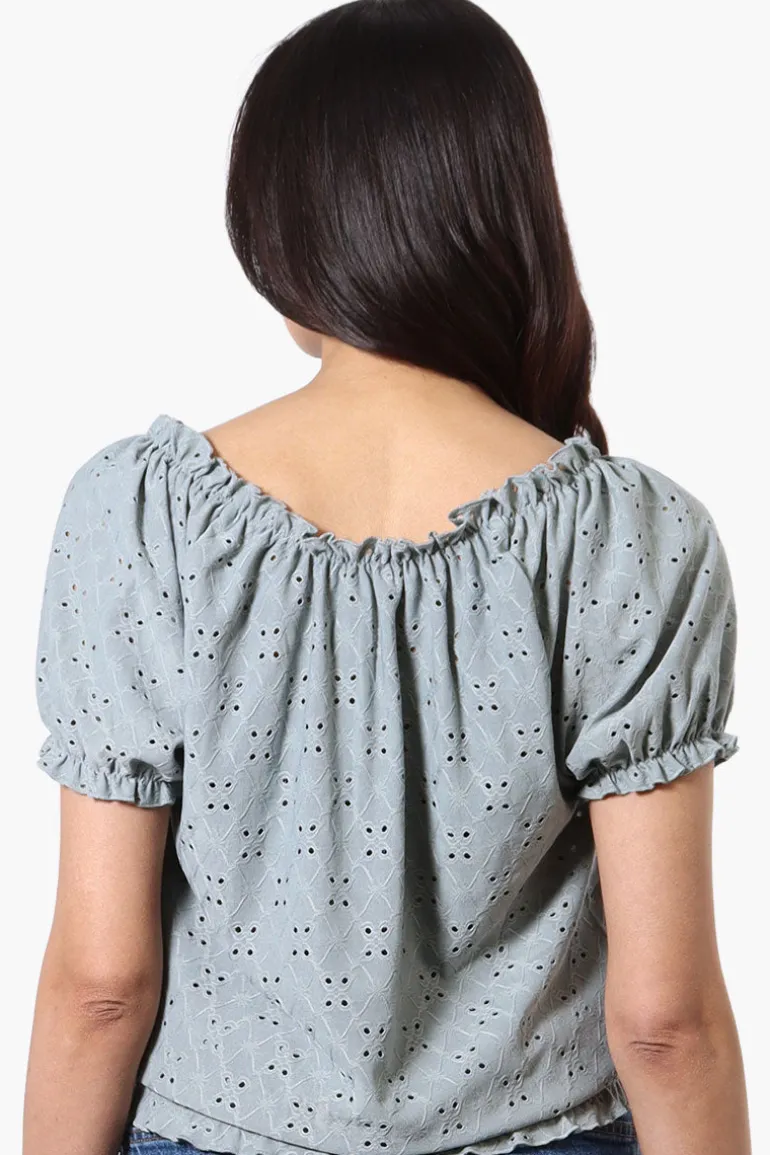 Urbanology Eyelet Drawstring Neck Blouse - Mint