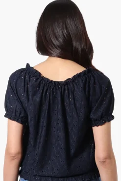 Urbanology Eyelet Drawstring Neck Blouse - Navy