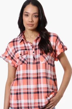 Urbanology Plaid Button Down Short Sleeve Shirt - Pink