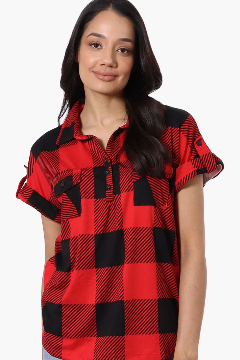 Urbanology Plaid Button Down Short Sleeve Shirt - Red
