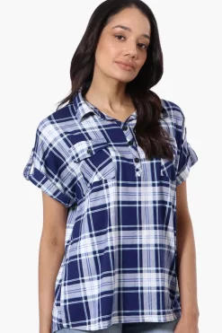 Urbanology Plaid Button Down Short Sleeve Shirt - Navy