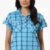 Urbanology Plaid Button Down Short Sleeve Shirt - Blue