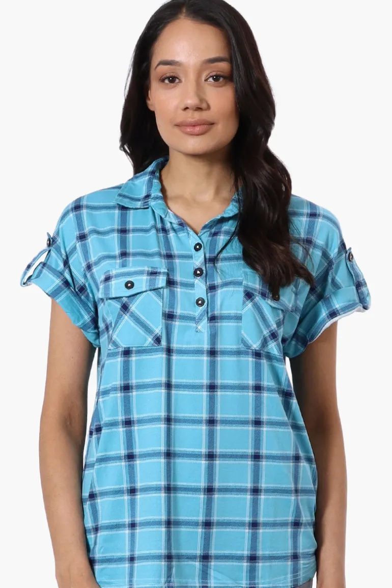 Urbanology Plaid Button Down Short Sleeve Shirt - Blue