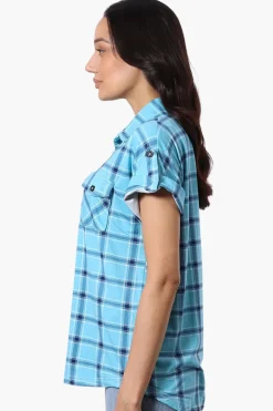 Urbanology Plaid Button Down Short Sleeve Shirt - Blue