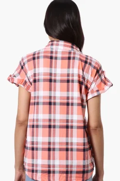 Urbanology Plaid Button Down Short Sleeve Shirt - Pink
