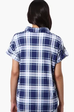 Urbanology Plaid Button Down Short Sleeve Shirt - Navy