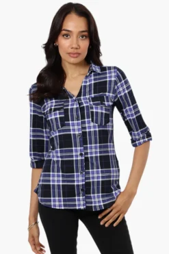 Urbanology Plaid Flap Pocket Button Down Shirt - Navy