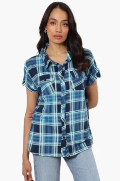Urbanology Plaid Front Flap Pocket Shirt - Blue