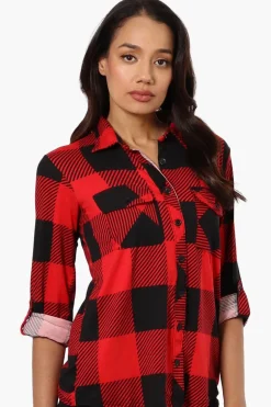 Urbanology Plaid Roll Up Sleeve Button Up Shirt - Red