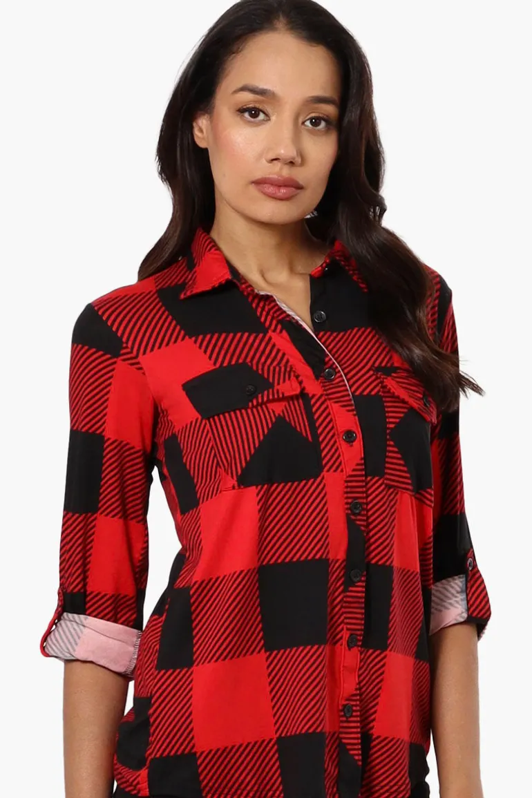 Urbanology Plaid Roll Up Sleeve Button Up Shirt - Red