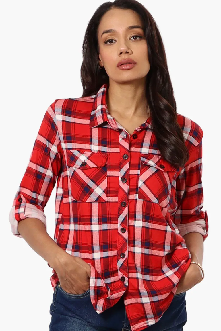 Urbanology Plaid Roll Up Sleeve Button Up Shirt - Red