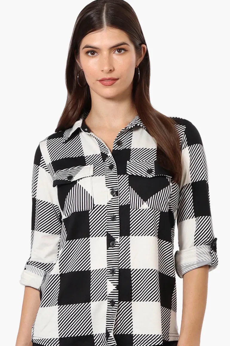 Urbanology Plaid Roll Up Sleeve Button Up Shirt - Black