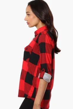 Urbanology Plaid Roll Up Sleeve Button Up Shirt - Red