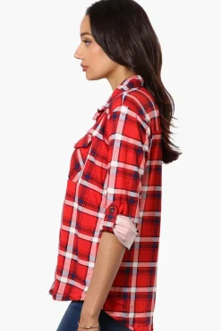 Urbanology Plaid Roll Up Sleeve Button Up Shirt - Red