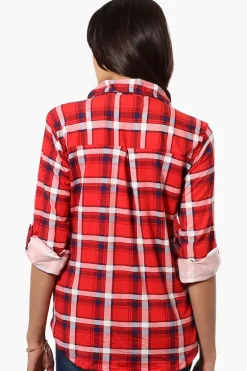 Urbanology Plaid Roll Up Sleeve Button Up Shirt - Red