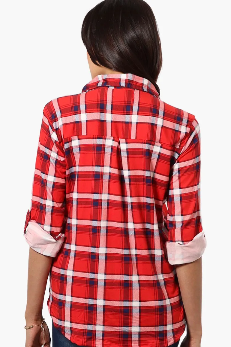 Urbanology Plaid Roll Up Sleeve Button Up Shirt - Red
