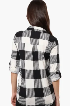 Urbanology Plaid Roll Up Sleeve Button Up Shirt - Black