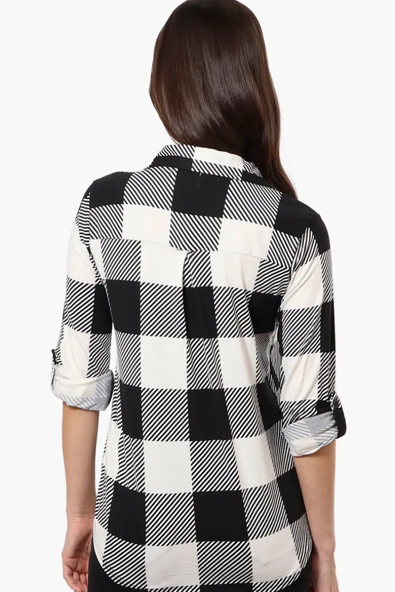 Urbanology Plaid Roll Up Sleeve Button Up Shirt - Black