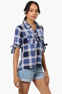 Urbanology Plaid Tie Sleeve Shirt - Blue