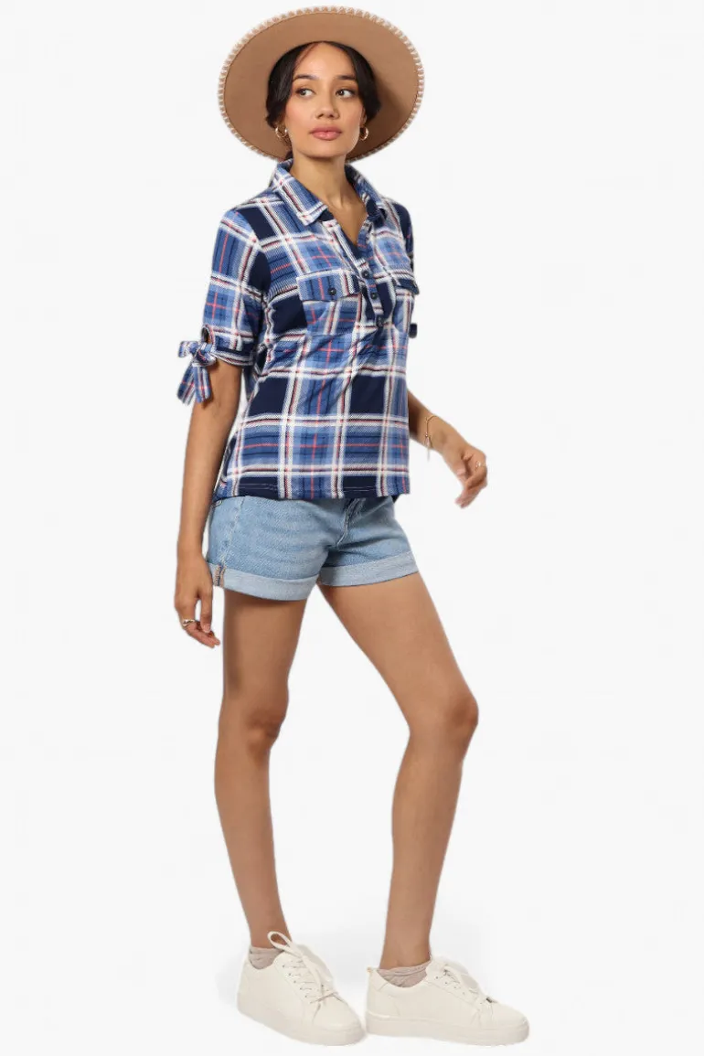 Urbanology Plaid Tie Sleeve Shirt - Blue