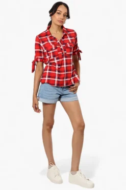 Urbanology Plaid Tie Sleeve Shirt - Red