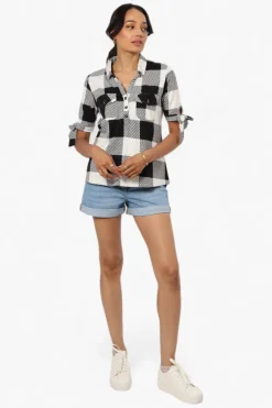 Urbanology Plaid Tie Sleeve Shirt - Black